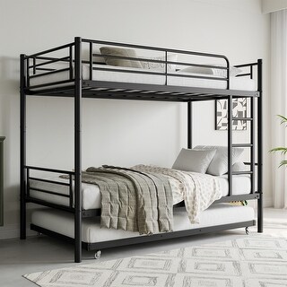 Twin Bunk Bed with Trundle Metal Bunkbeds with Ladder and Guardrail