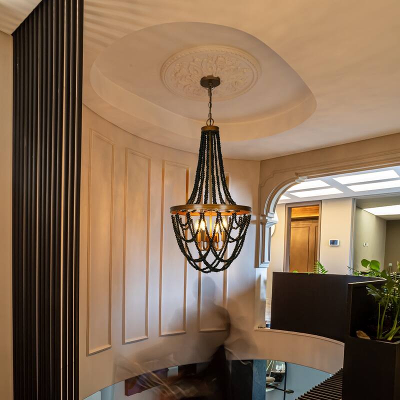 Modern Glam 4-Light Black Gold Wood Beaded Coastal Chandelier Luxury Pendant Ceiling Lights Bedroom Stairwell Dining Room