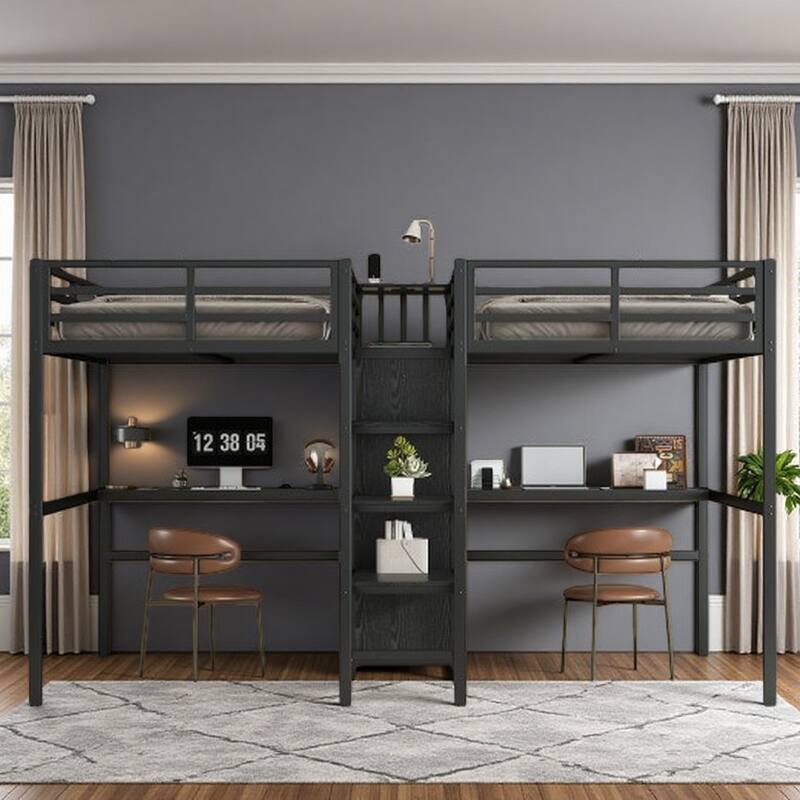 Twin Loft Bed with Dual Workstations, Built-in Wardrobe, Storage Shelves, and Power Outlets - Black