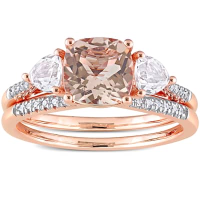Miadora 10k Rose Gold Morganite White Topaz & 1/10ct TDW Diamond 3-Stone Bridal Ring Set