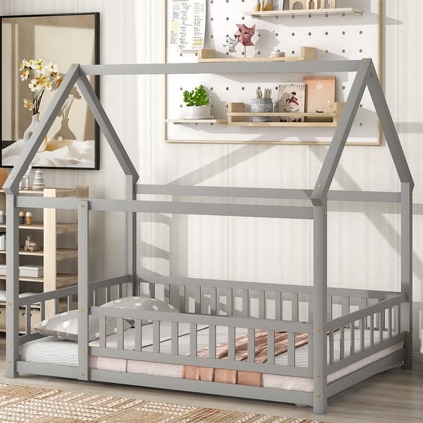 slide 2 of 10, Grey Full Size Wooden Floor Bed with House Roof & Guardrails Full - Grey
