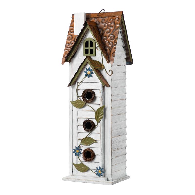 Glitzhome 24.25"H Oversized Washed Blue or White 3-Tiered Solid Wood Villa Decorative Outdoor Garden Birdhouse