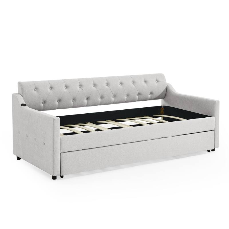 Twin Size Upholstery Daybed with Twin Size Erectable Trundle & USB Charging Design, Linen Grey