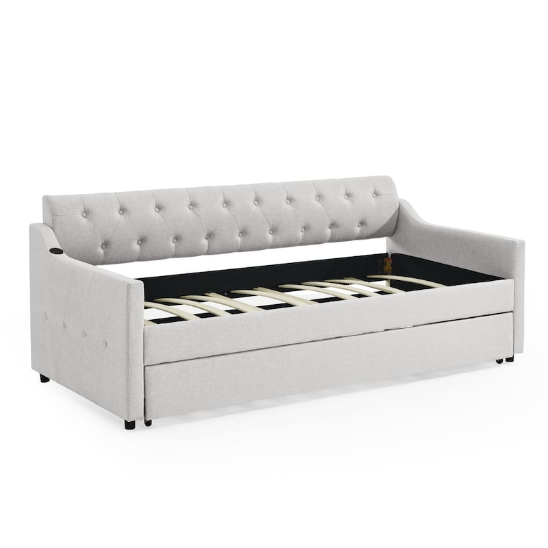 Upholstery DayBed with Twin Size Erectable Trundle and USB Charging Design