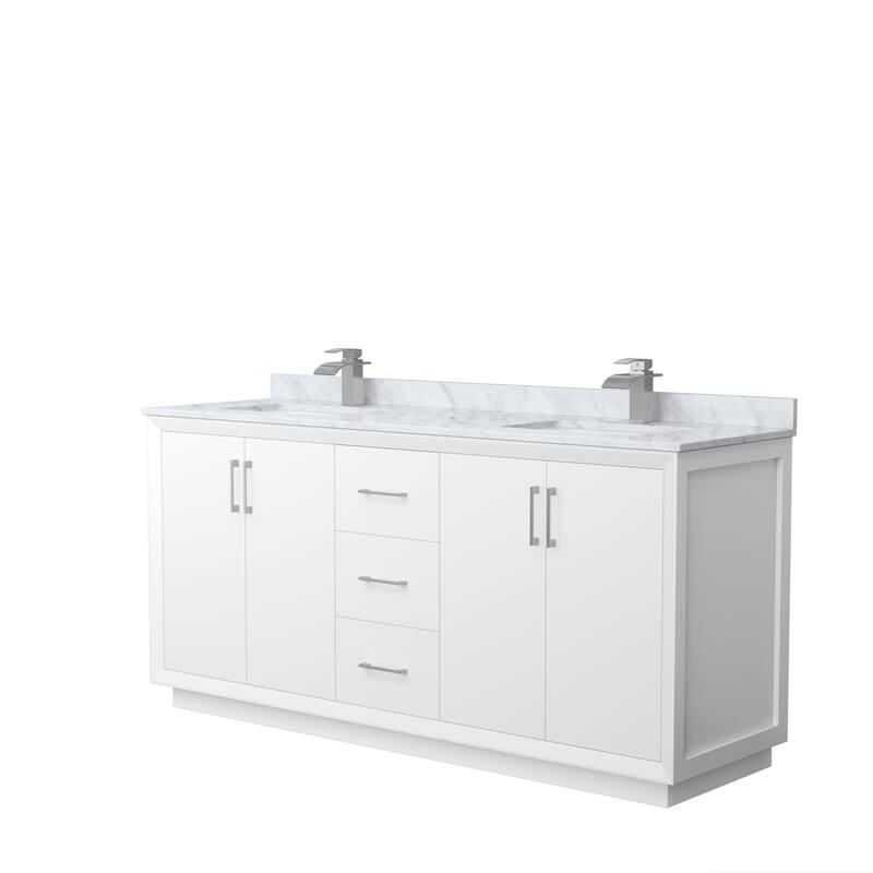 Strada 72-Inch Double Vanity Set, Carrara Marble Top - White, Nickel Trim, Carrara Marble Top