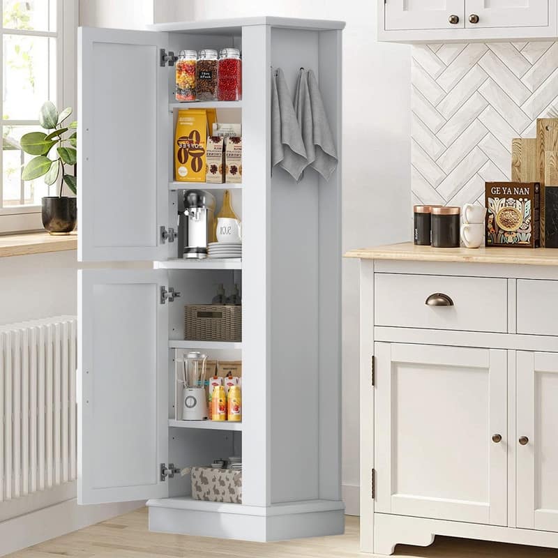 Kitchen Pantry Storage Cabinet with Hook, Freestanding Pantry Cupboard with Doors and Adjustable Shelves - White
