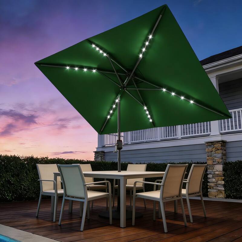 10 x 6.5 ft Solar Rectangular Patio Umbrella, with LED Lights - Dark Green