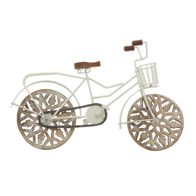 Metal Bike Decorative Sculpture with Carved Wood Wheels - White, Brown, Gold - Roche River Decor