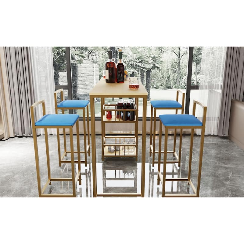 5-Piece Bar Table Set with 4 Navy Stools & Storage Shelf