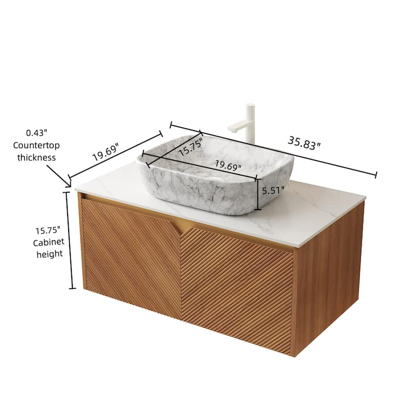 36" Bathroom Vanity&Sink,Plywood Storage Cabinet, Twill Double Doors,Ceramic Vessel Basin& Stone Top
