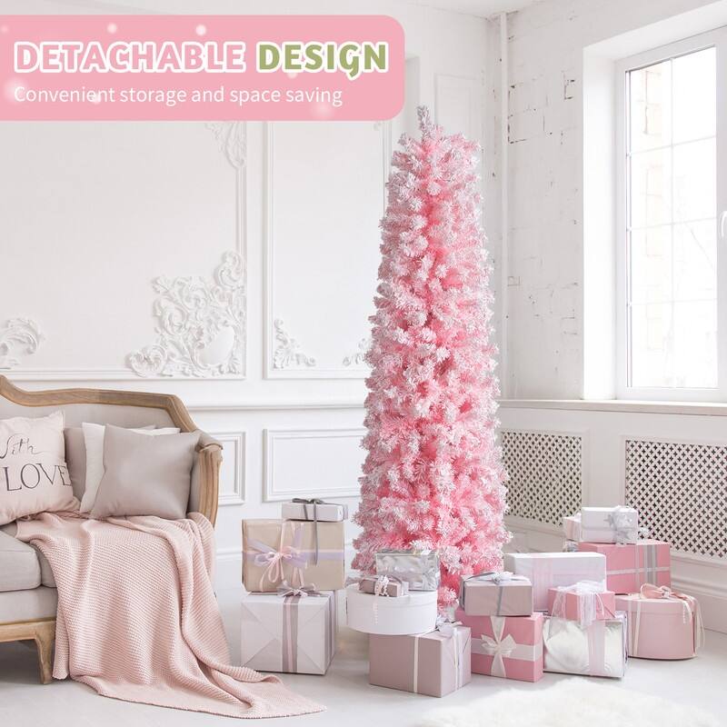 7.5 FT Snow Flocked Hinged Artificial Pencil Pink Christmas Tree - 7.5FT