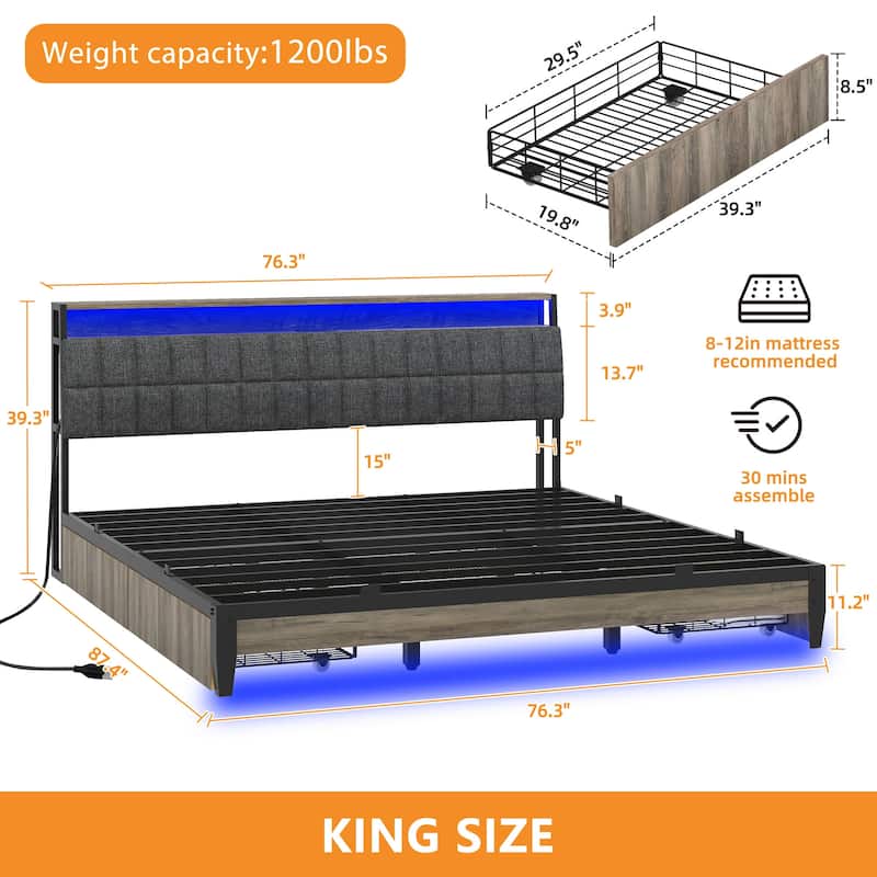 Upholstered Platform Bed with Charging Station and Storage Headboard