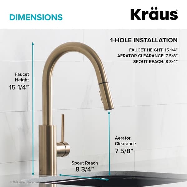 dimension image slide 1 of 2, Kraus 2-Function 1-Handle 1-Hole Pulldown Sprayer Brass Kitchen Faucet
