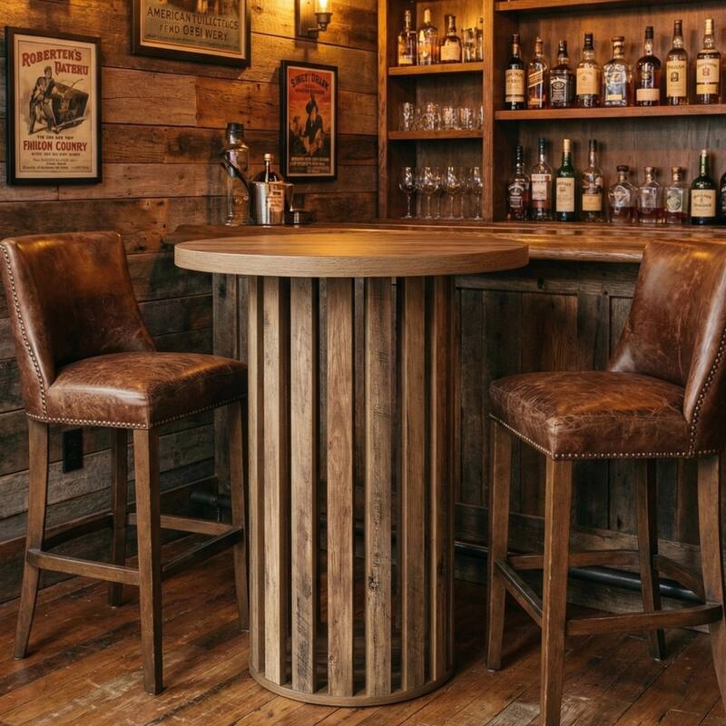 Round Bar Table, 37.4" High Bistro Pub Table for Kitchen, Dining Room, Home Bar - 31.5" D x 31.5" W x 37.4" H - Rustic Brown