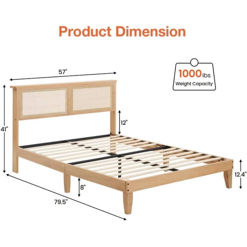 Modern Wooden Platform Bed Frame With Square Natural Rattan Headboard And LED Lights