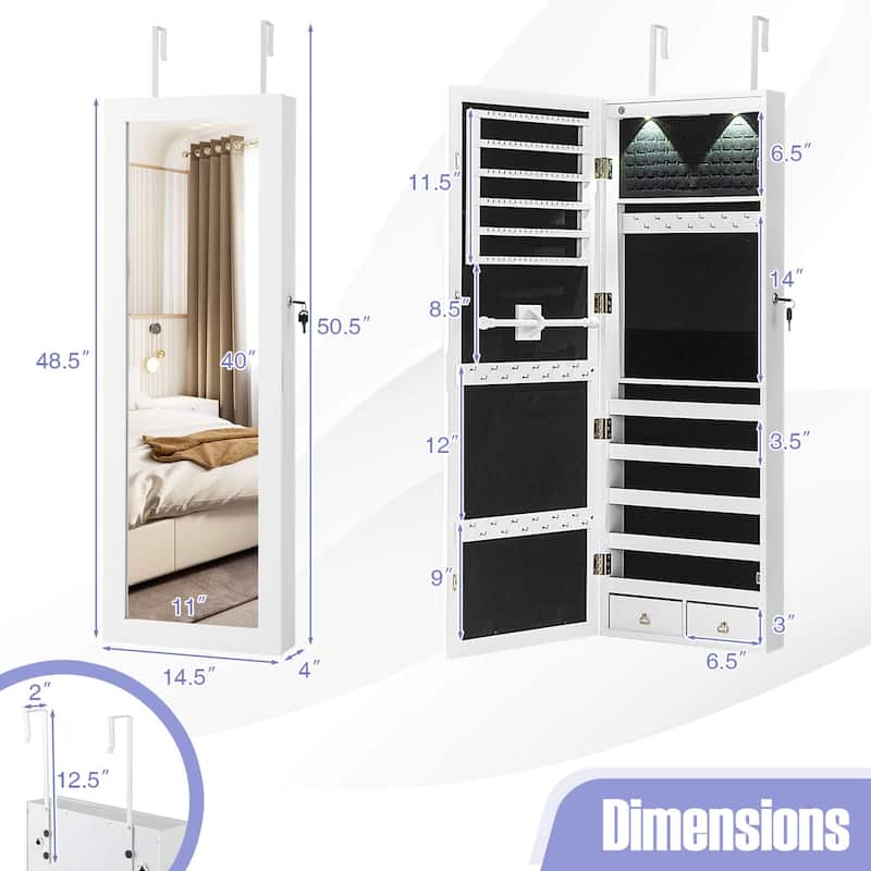 Costway Mirror Jewelry Cabinet with Full Length Clear Mirror & - 14.5" x 4" x 48.5"/50.5" (L x W x H)