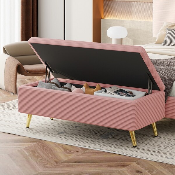 Modern Corduroy Upholstered Wooden Ottoman with Metal Legs Storage Bench for Bedroom Living Room Pink