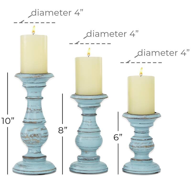 Mango Wood Distressed Turned Pillar Decorative Candle Holder - Set of 3 - Roche River Decor