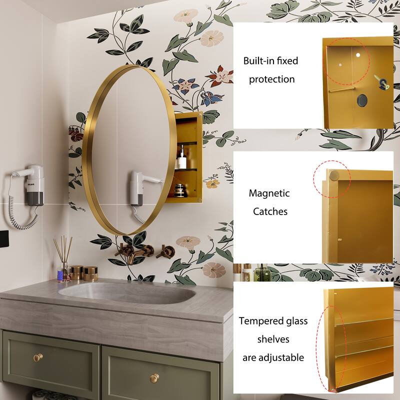 31.5 Inch Surface Mount Round Metal Framed Medicine Cabinet with Mirror and Adjustable Shelves Black Wall Mirror with Storage