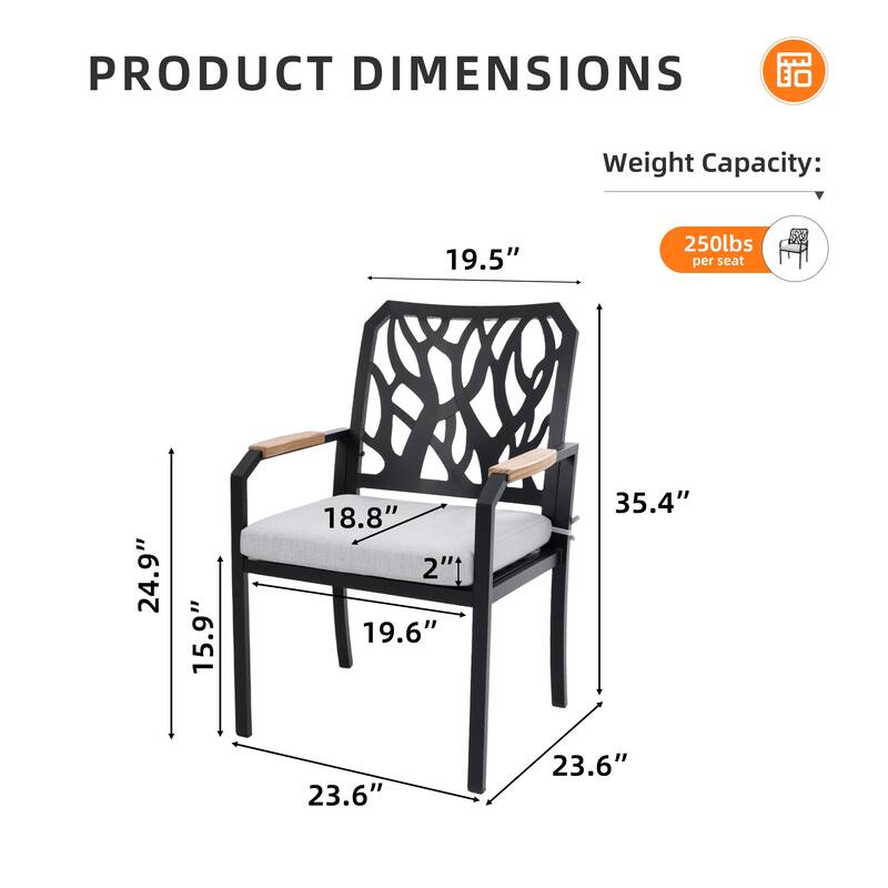 2-Piece Stationary Patio Dining Chairs - K/D Aluminum Frame, Branch Back, Wood Arms, Sunbrella Cushions, Bourbon Brown