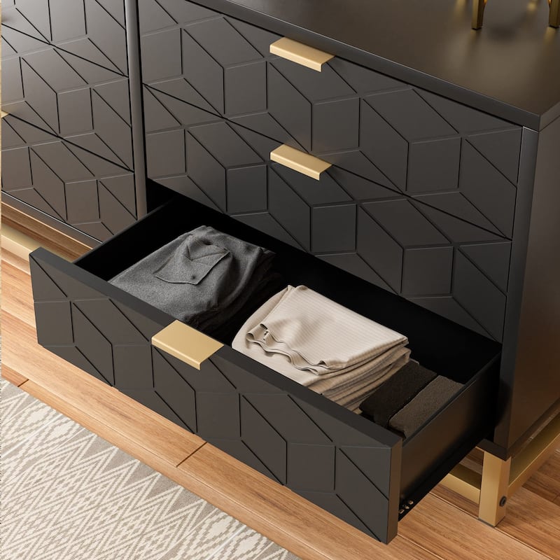 6 Drawer Dresser, Wide Wood Chest with Metal Legs, Modern Storage Cabinet for Bedroom, Living Room