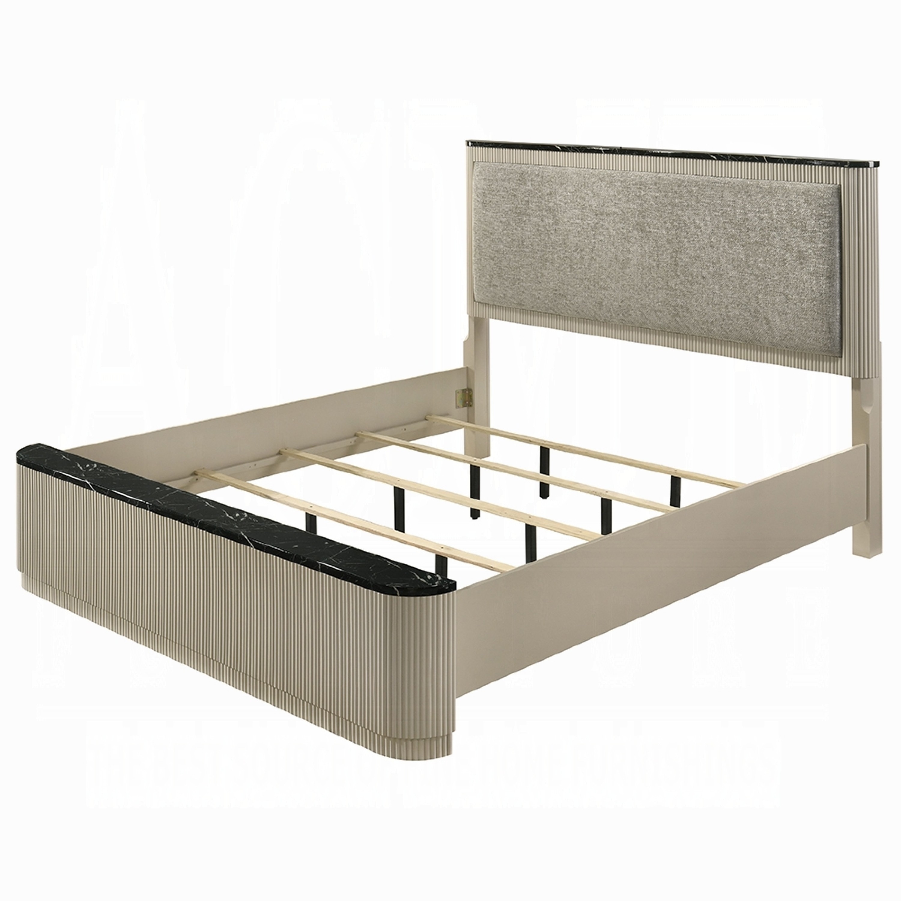 Benjara Trex King Bed, Gray Linen Upholstery, Marble Print Tops, Fluted Beige Wood