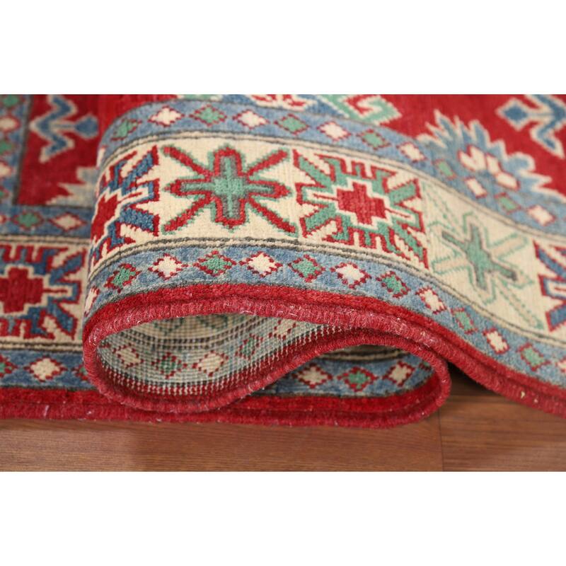 Red Kazak Oriental Accent Rug Hand-Knotted Geometric Wool Carpet - 3'4" x 4'11"