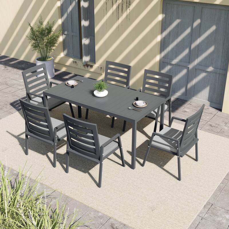 Chelsea 7-Piece Aluminum Outdoor Dining Set 78 in. Rectangular Table and 6 Dining Armchair w/ Cushions - N/A