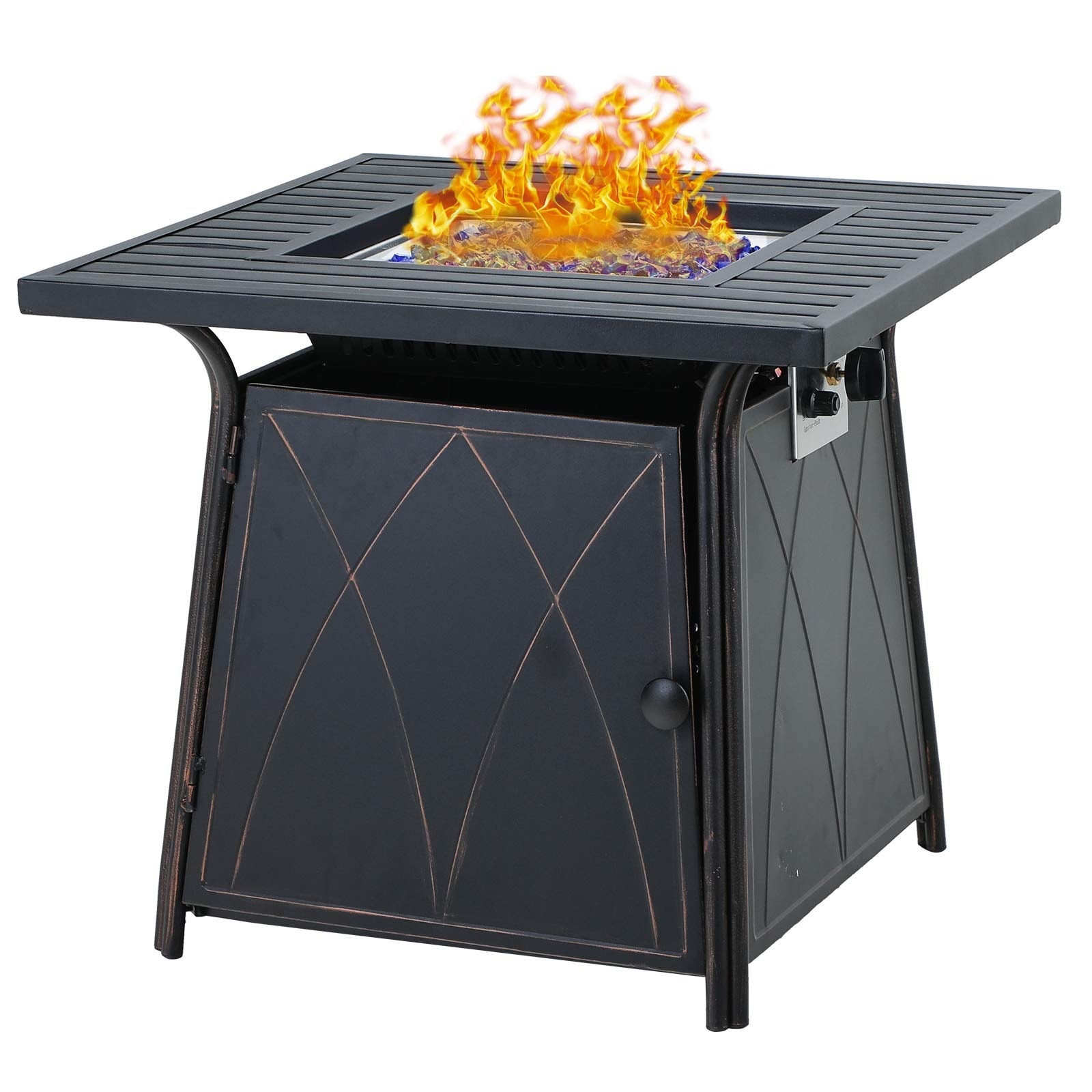 BALI OUTDOORS Gas Fire Pit Patio Furniture Table Propane Firepit 50,000BTU Blue Glass Stone Black 28Inch Steel Tabletop Fire Pit with Cover Lid 