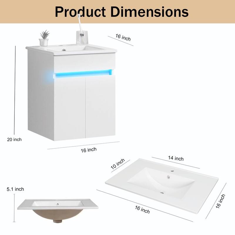 Sleek 16" Wall-Mounted Bathroom Vanity with Sink and Ample Storage