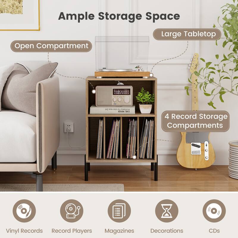 Gymax Record Player Stand w/Charging Station 5 Storage Compartments