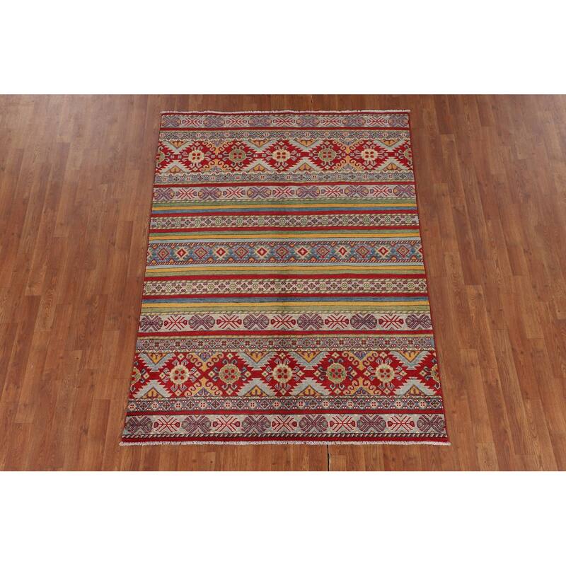 Striped Kazak Oriental Area Rug Hand-Knotted Wool Carpet - 4'10" x 6'6"