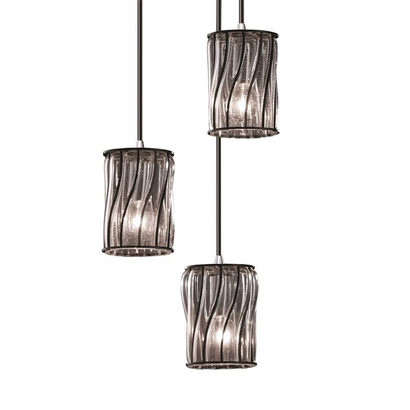 Justice Design Wire Glass Polished Chrome Cluster Pendant, Cylinder Swirl Clear Bubbles - Polished Chrome, Swirl with Clear Bubbles