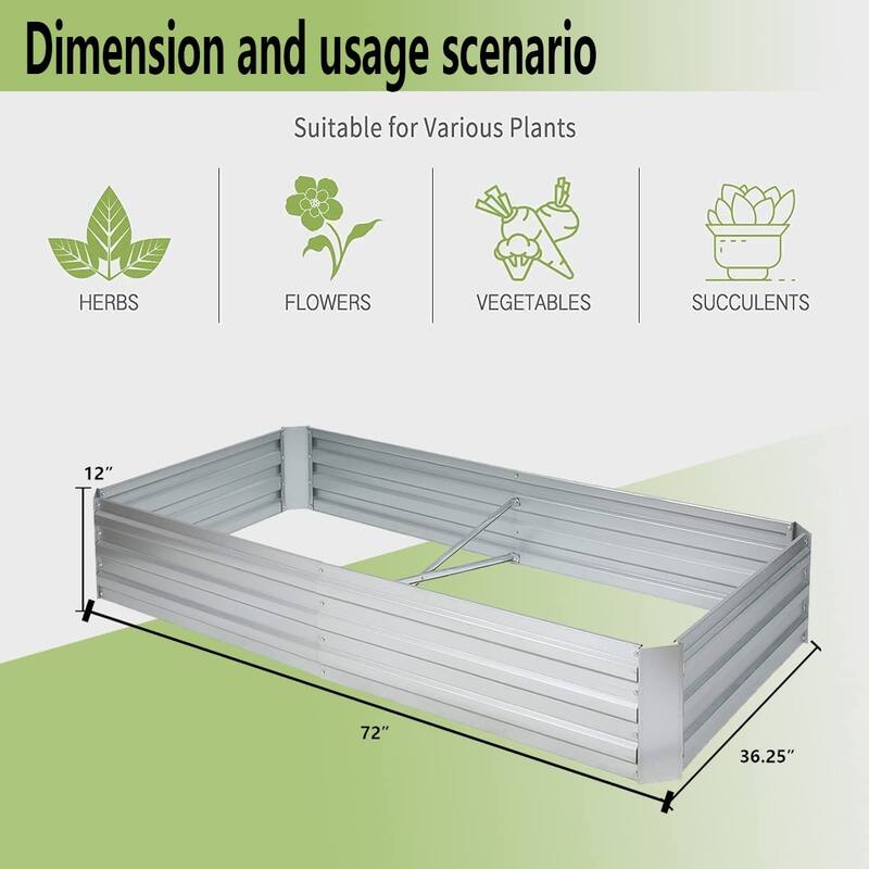 6-Ft Wide Galvanized Steel Rectangular Raised Garden Bed - 6 ft W x 3 ft D x 1 ft H