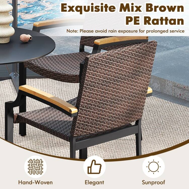 Set of 2 Mix Brown PE Rattan Metal Patio Dining Chairs with Ergonomic Back and Stackable Design - 23" x 22" x 34.5"