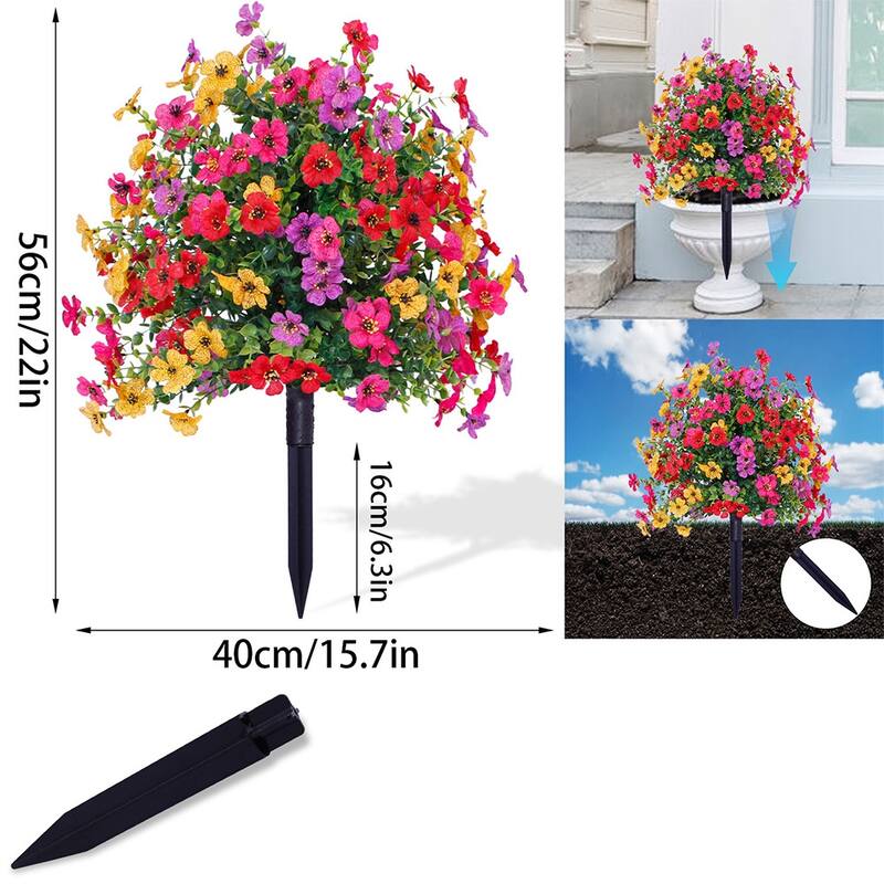 2FT Artificial Trees With Ground Spike 2 Pack, Weather-Resistant Faux Shrubs Bushes Potted Plants With Flowers Outdoor