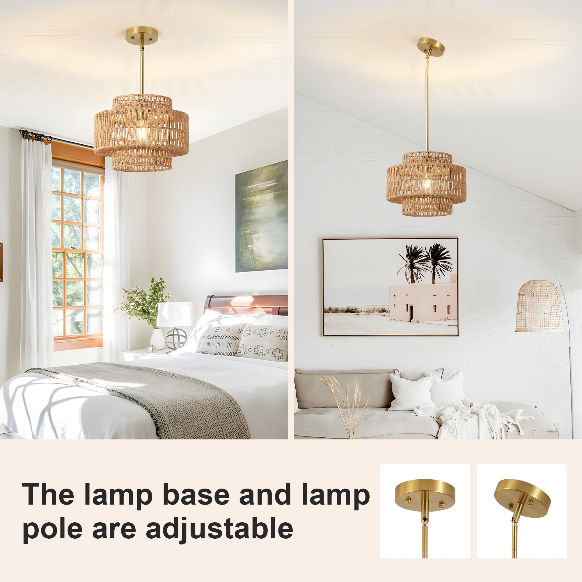 Boho 6-Light Hand-Woven Rattan Chandelier – 19.7" Drum, White Finish, E12 Base, Adjustable Chain For Dining Room, Kitchen, Living Room
