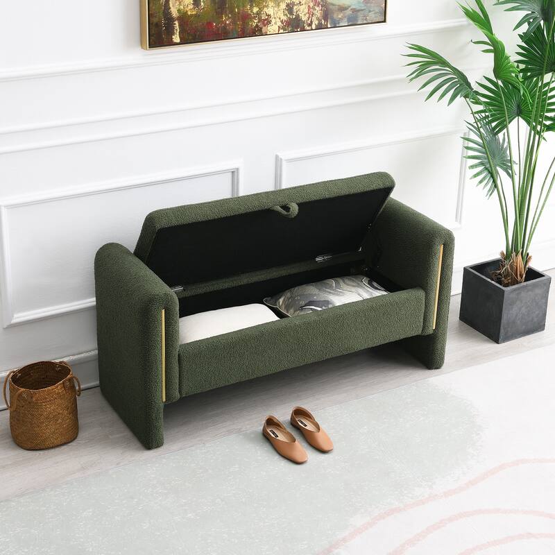 Modern Teddy Bed End Bench with Arms, Plush Upholstered Ottoman Footrest with Storage, Comfy Window Bench for Bedroom