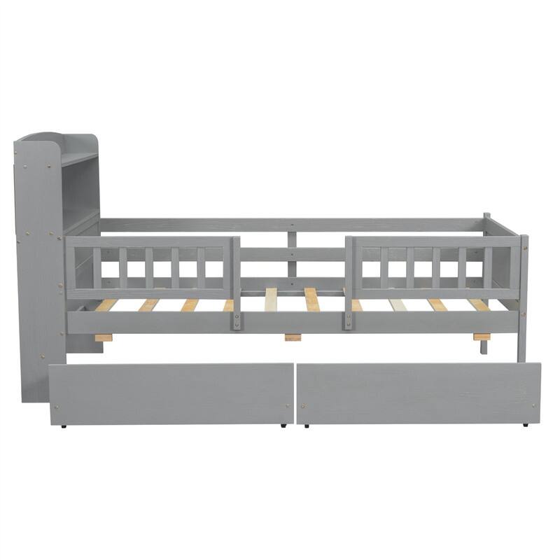 Wood Twin Size Platform Bed with Built-in LED Light and Storage Headboard, Modern Bedframe with Guardrail and 2 Drawers