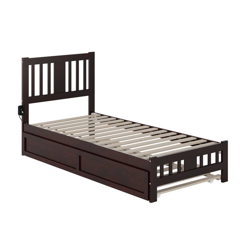 Vogue Twin XL Bed with Trundle & Footboard - Espresso Solid Wood Platform Bed with Charger