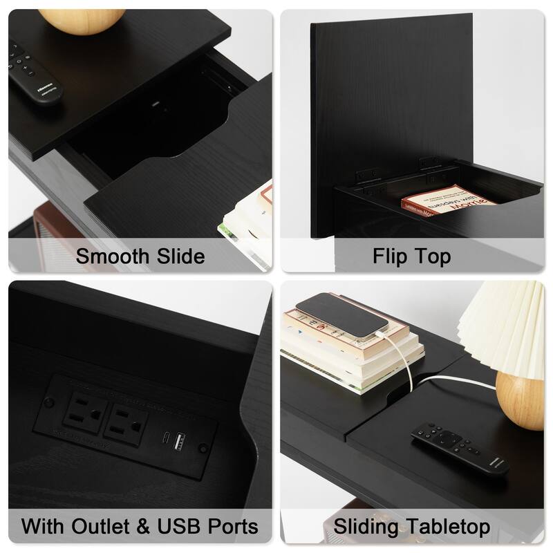 Flip Top Narrow End Table with Storage and Built-In Outlets, Small Side Table