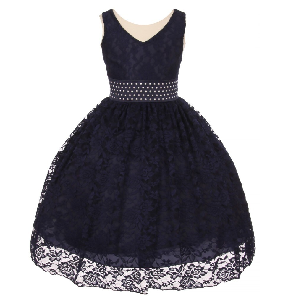 Shop Girls Navy Heavy Spandex Lace Pearl Accented Flower Girl