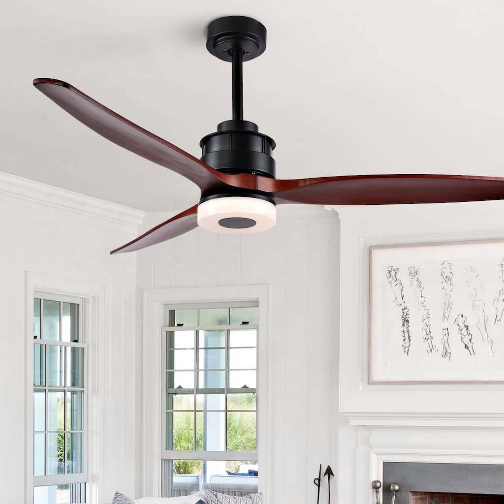 SAFAVIEH Lighting Lurdes Coffee 3-Speed Led Ceiling Fan with Remote - 52" W x 52" L x 15"-20" H - Dark Cherry Wood - 52Wx52Dx20H