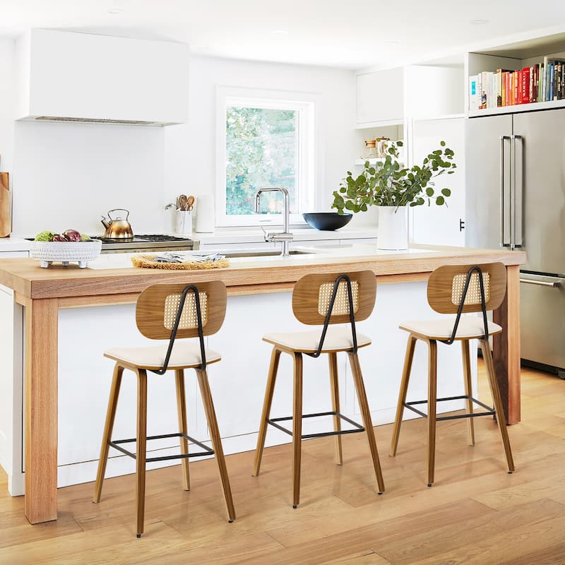 26-inch Wood Counter Height Bar Stools with Rattan Back