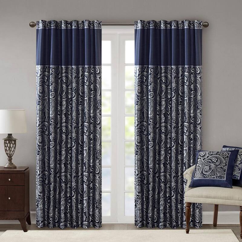 Jacquard Curtain Panel Pair(2 Pcs Window Panels) - Navy-1