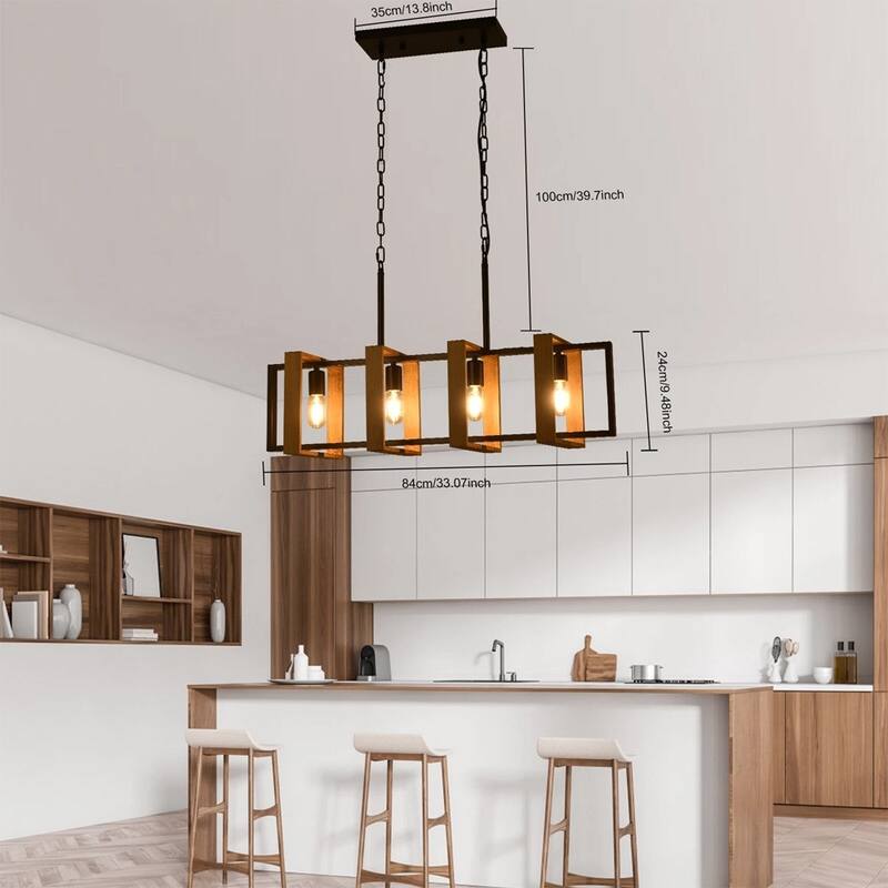4-Light Chandelier Rustic Wood Island Ceiling Pendant Lamp Fixture - 33" x 50"