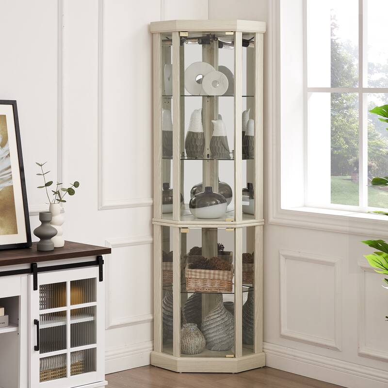 Corner Display Cabinet with Glass Door, Shelves & Light