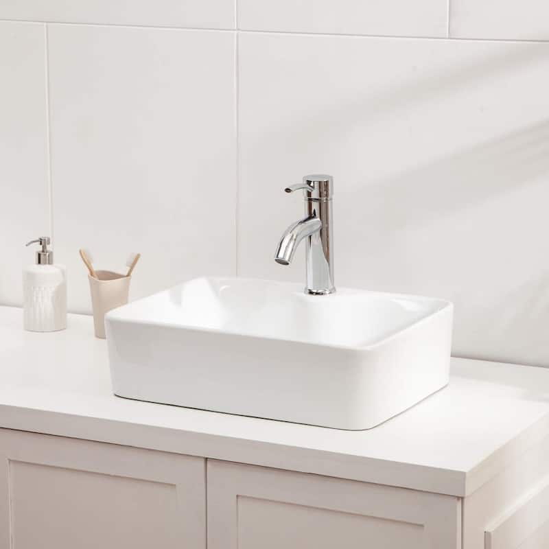 Lordear 19"x15" White Ceramic Handmade Rectangular Bathroom Vessel Sink with Faucet Hole - 18.85x14.4x5.25