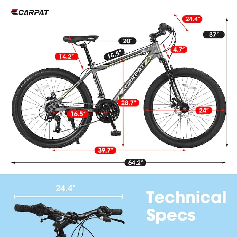 24 Inch Mountain Bike Boys Girls,Steel Frame,Shimano 21 Speed Mountain Bicycle with Daul Disc Brakes and Front Suspension MTB