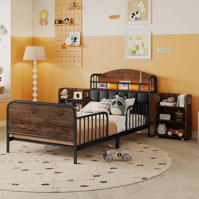 Kids Platform Bed Metal Frame with Linen Fabric Upholstered Storage Headboard Built-in Light Strip, Both Sides Rails - Black with Pull Out Storage - Twin